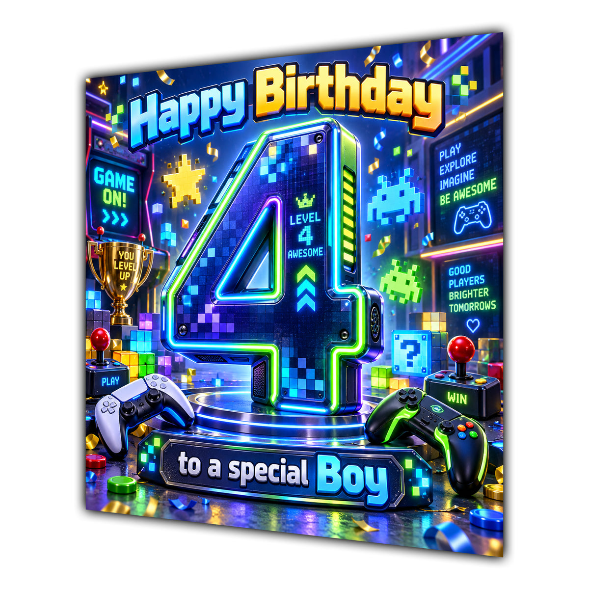 Boy 4th Birthday Card Neon Gaming Controller Level Up