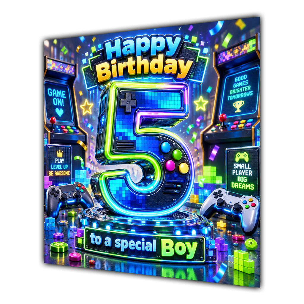 Boy 5th Birthday Card Neon Gaming Controller Level Up