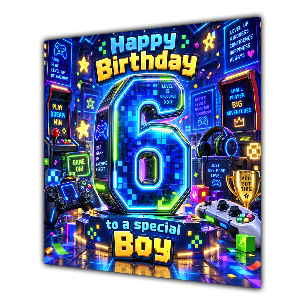 Boy 6th Birthday Card Neon Gaming Controller Level Up