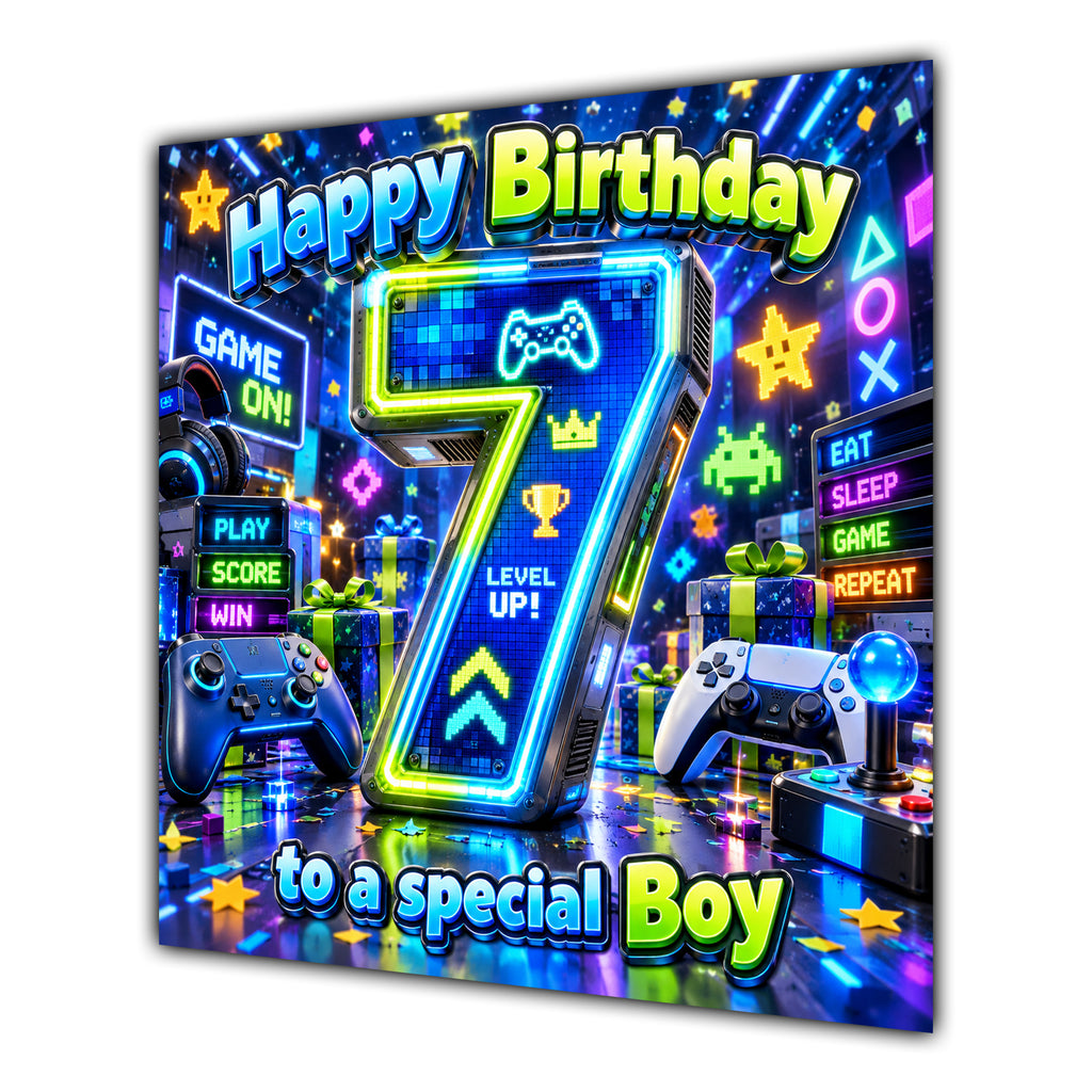 Boy 7th Birthday Card Neon Gaming Controller Level Up