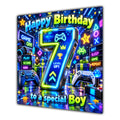 Boy 7th Birthday Card Neon Gaming Controller Level Up