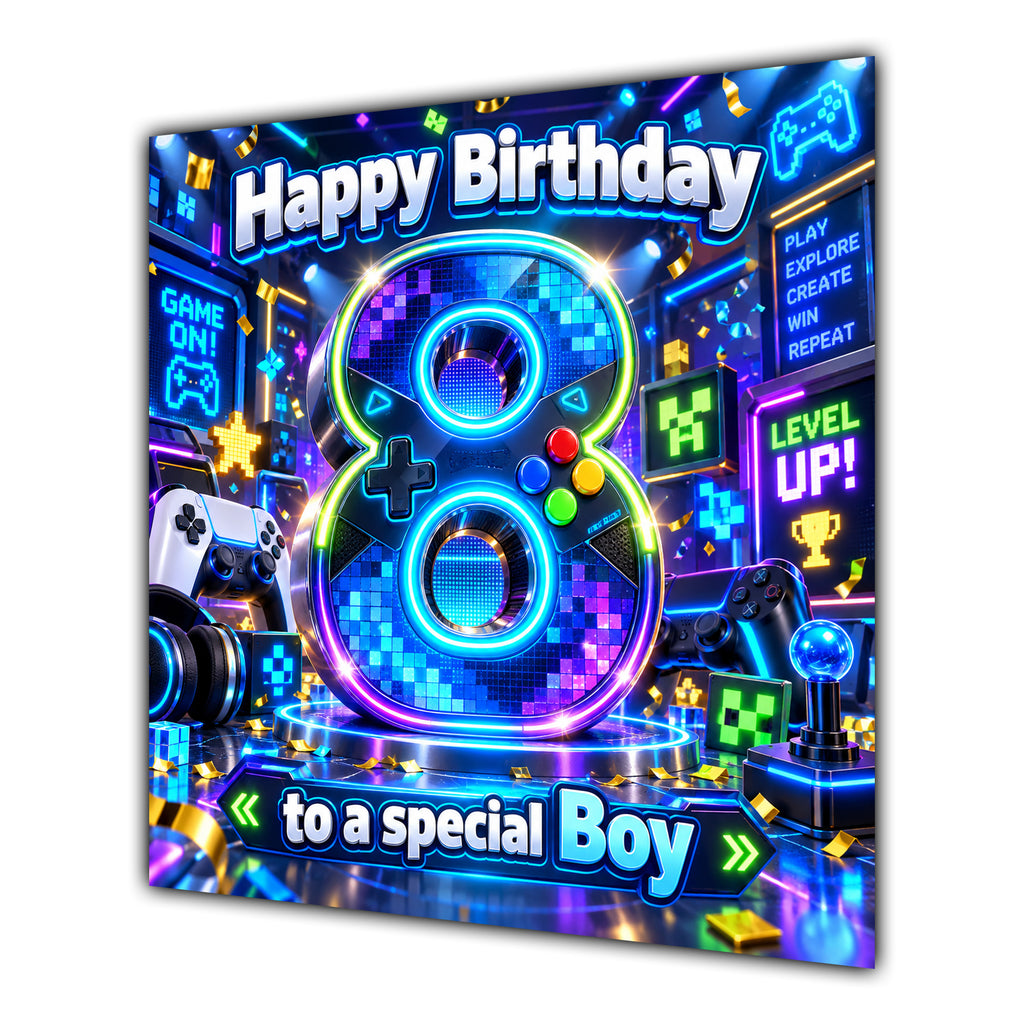 Boy 8th Birthday Card Neon Gaming Controller Level Up