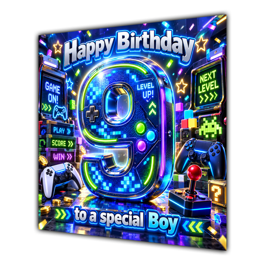 Boy 9th Birthday Card Neon Gaming Controller Level Up