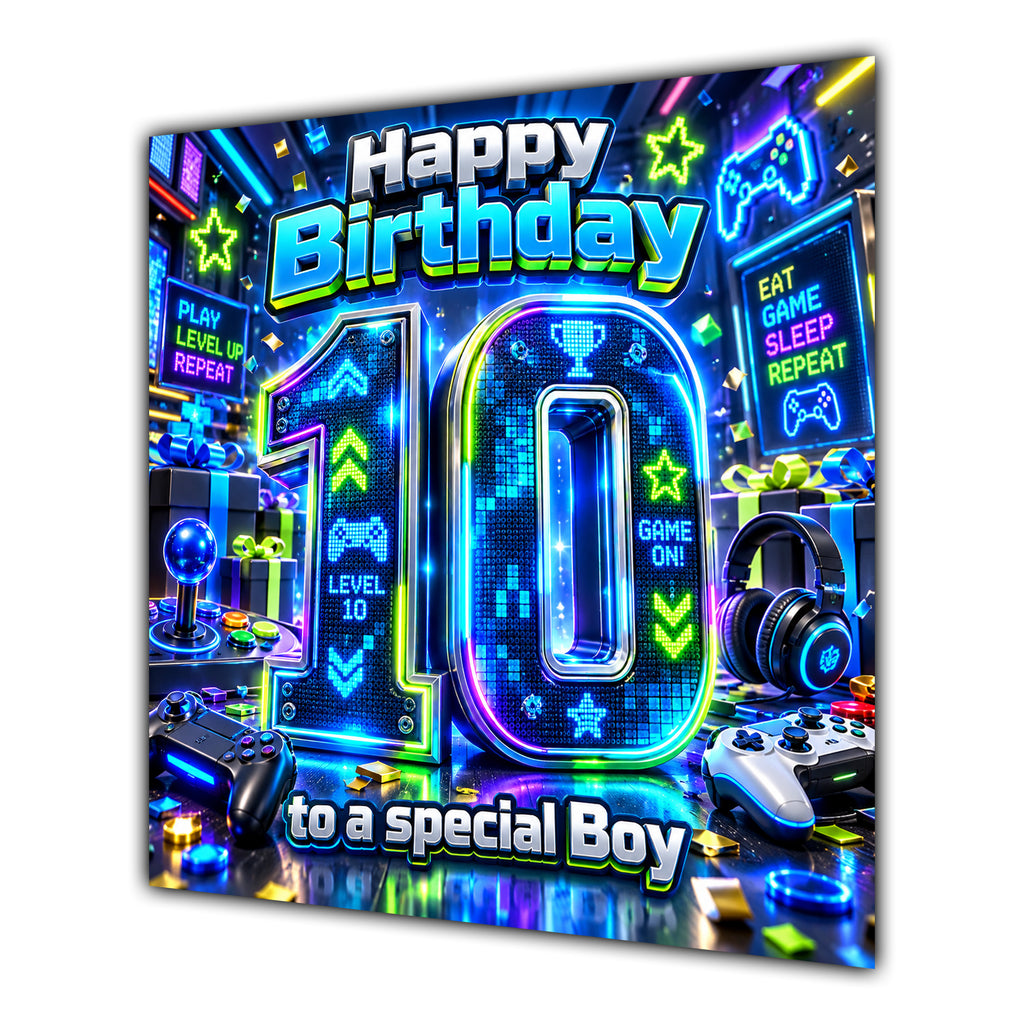 Boy 10th Birthday Card Neon Gaming Controller Level Up