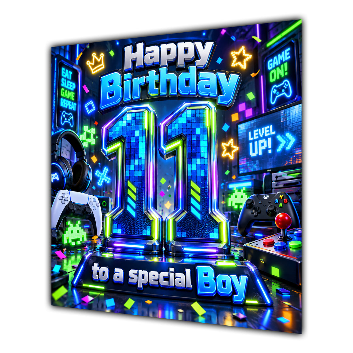 Boy 11th Birthday Card Neon Gaming Controller Level Up