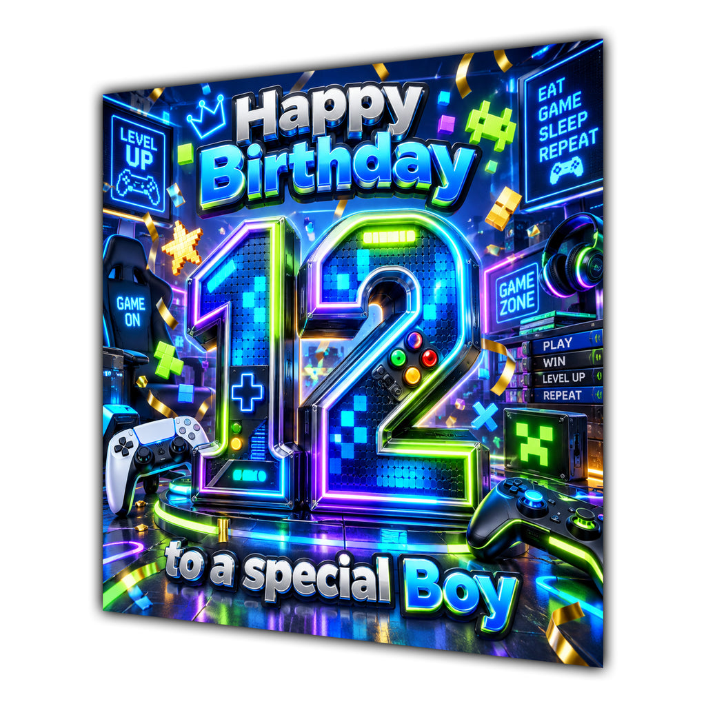 Boy 12th Birthday Card Neon Gaming Controller Level Up