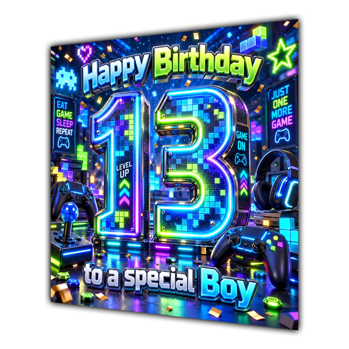 Boy 13th Birthday Card Neon Gaming Controller Level Up