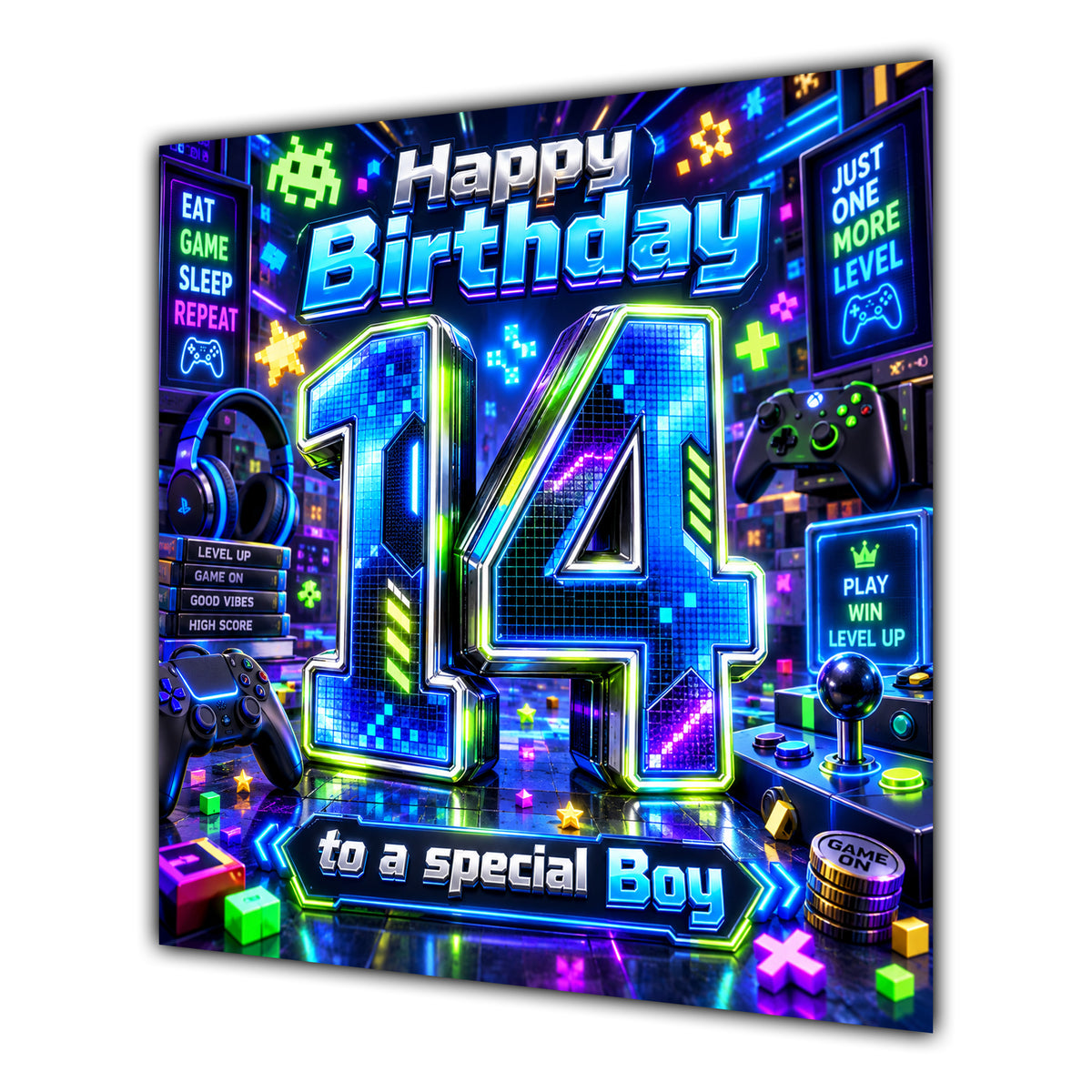 Boy 14th Birthday Card Neon Gaming Controller Level Up