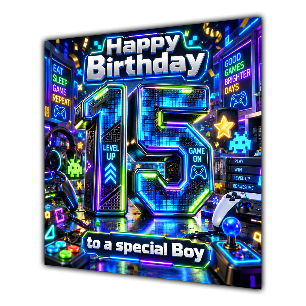Boy 15th Birthday Card Neon Gaming Controller Level Up
