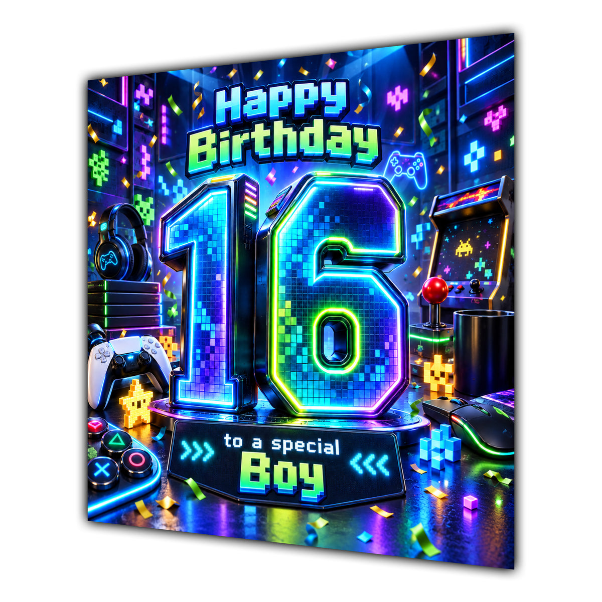 Boy 16th Birthday Card Neon Gaming Controller Level Up