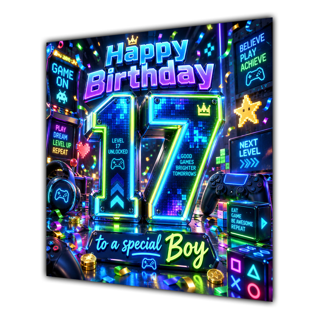 Boy 17th Birthday Card Neon Gaming Controller Level Up
