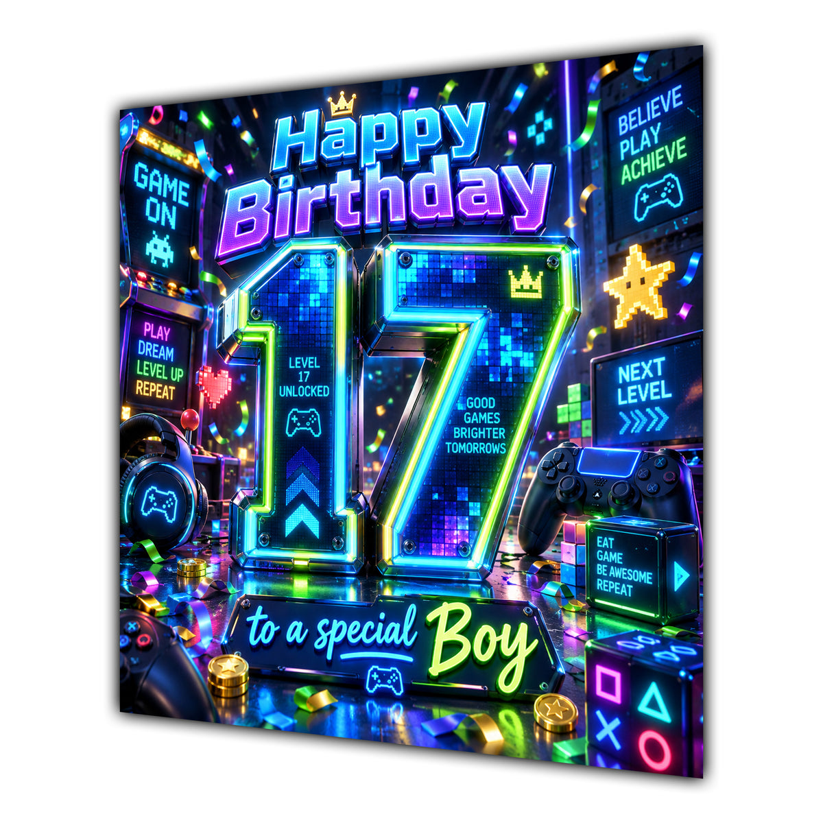 Boy 17th Birthday Card Neon Gaming Controller Level Up