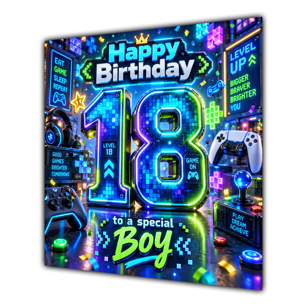 Boy 18th Birthday Card Neon Gaming Controller Level Up
