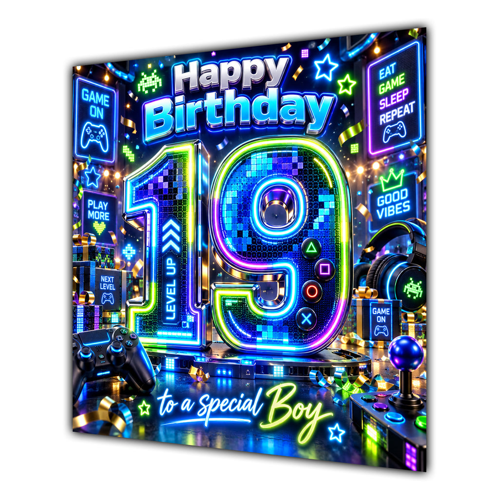 Boy 19th Birthday Card Neon Gaming Controller Level Up