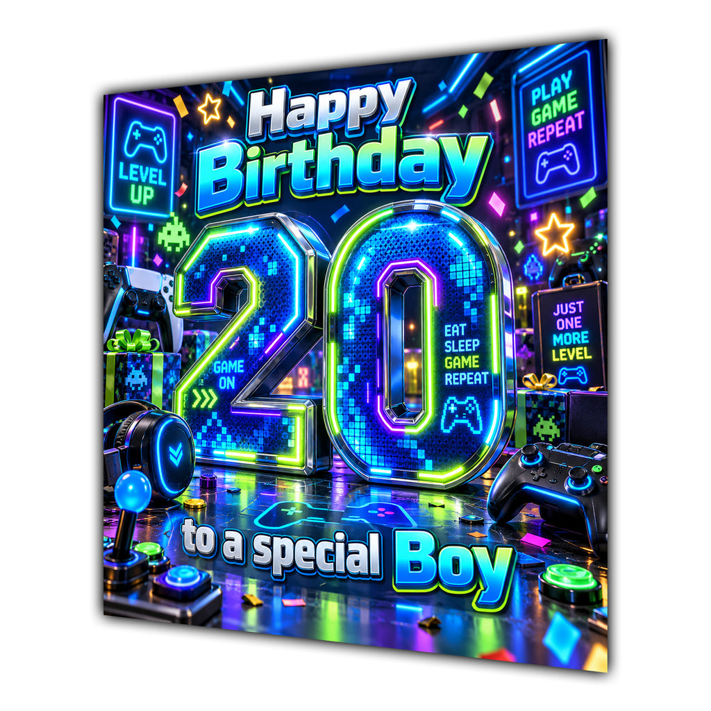 Boy 20th Birthday Card Neon Gaming Controller Level Up