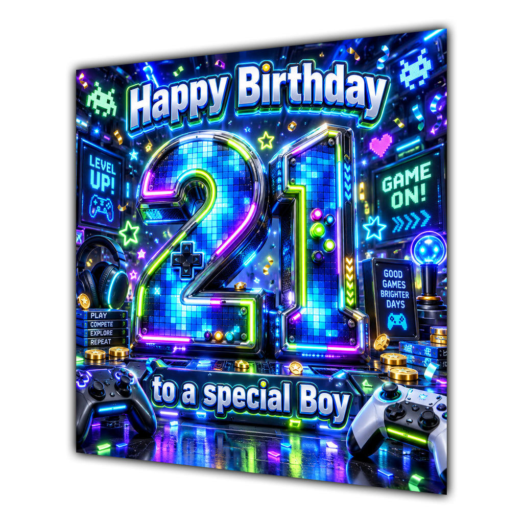 Boy 21st Birthday Card Neon Gaming Controller Level Up
