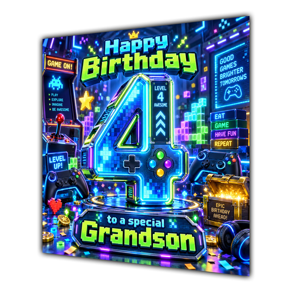 Grandson 4th Birthday Card Neon Gaming Controller Level Up