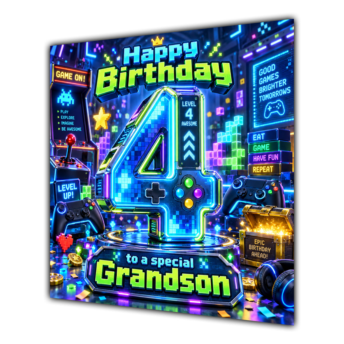 Grandson 4th Birthday Card Neon Gaming Controller Level Up
