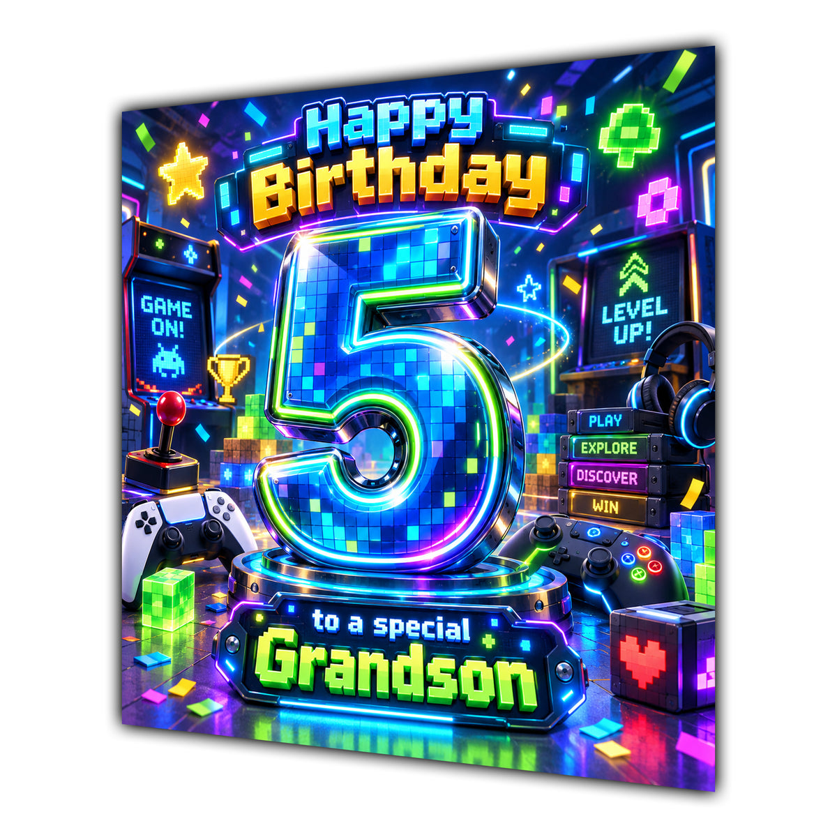 Grandson 5th Birthday Card Neon Gaming Controller Level Up