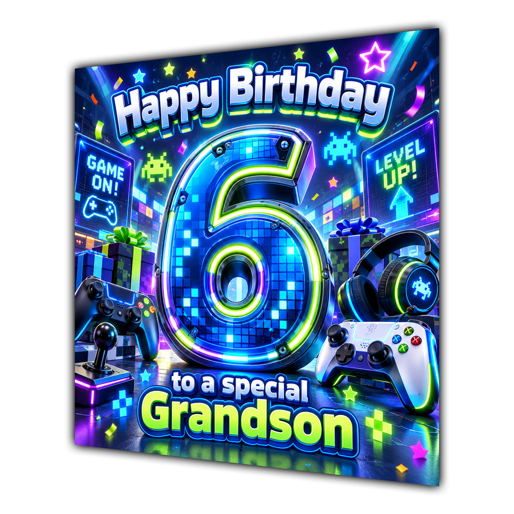 Grandson 6th Birthday Card Neon Gaming Controller Level Up