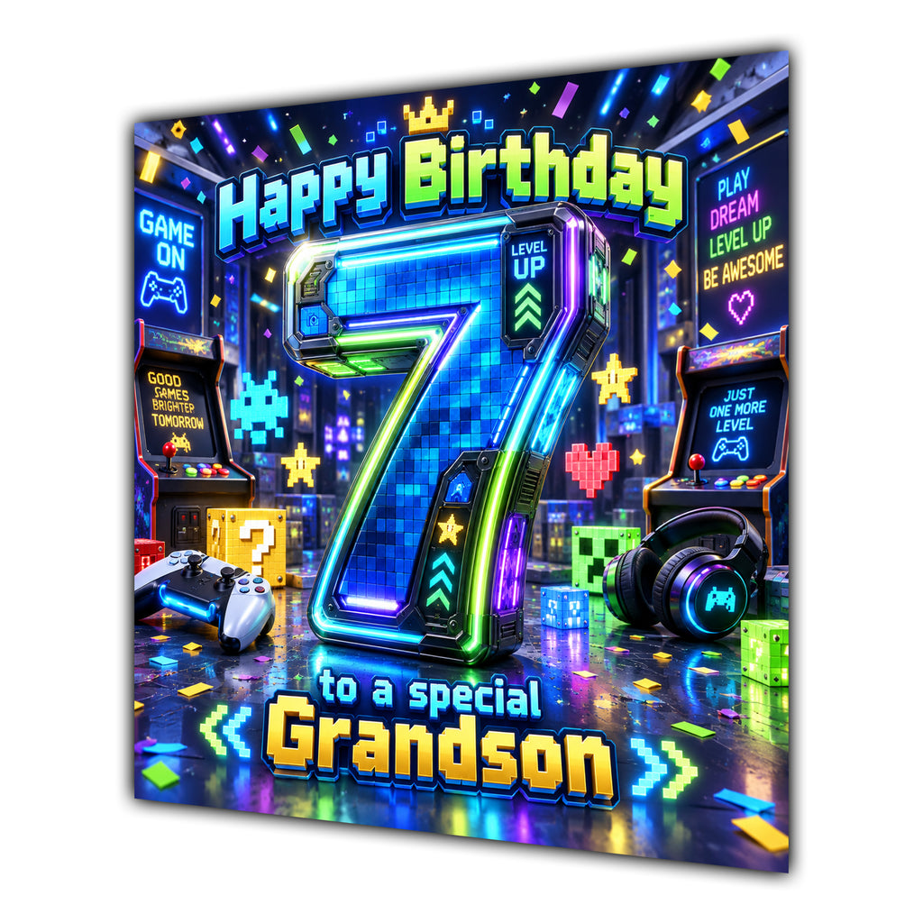 Grandson 7th Birthday Card Neon Gaming Controller Level Up