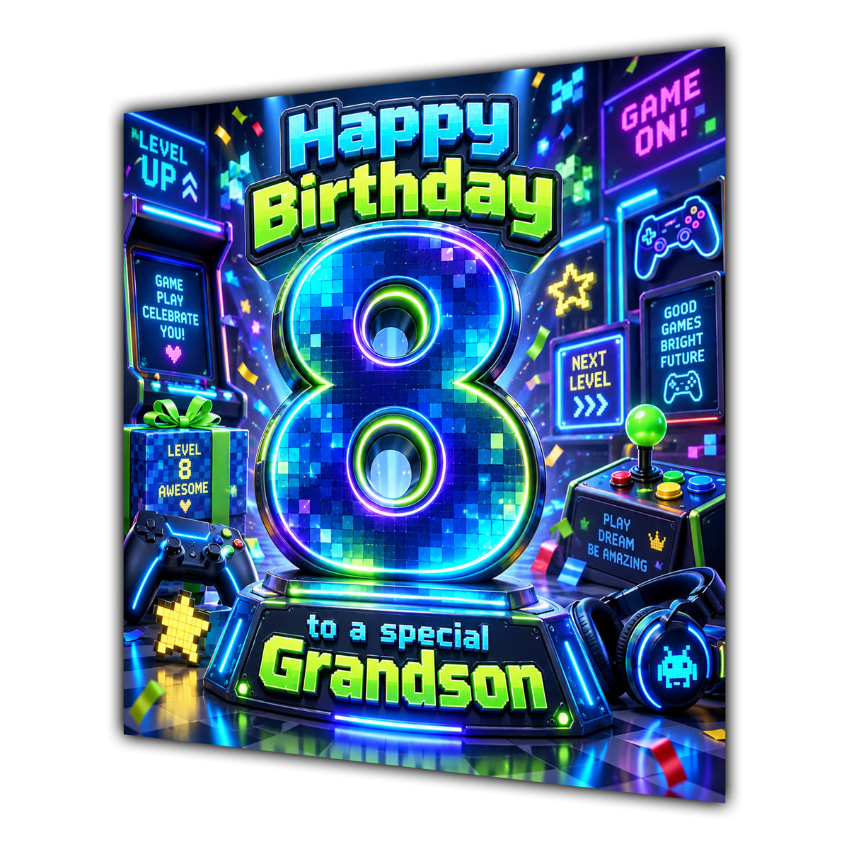 Grandson 8th Birthday Card Neon Gaming Controller Level Up