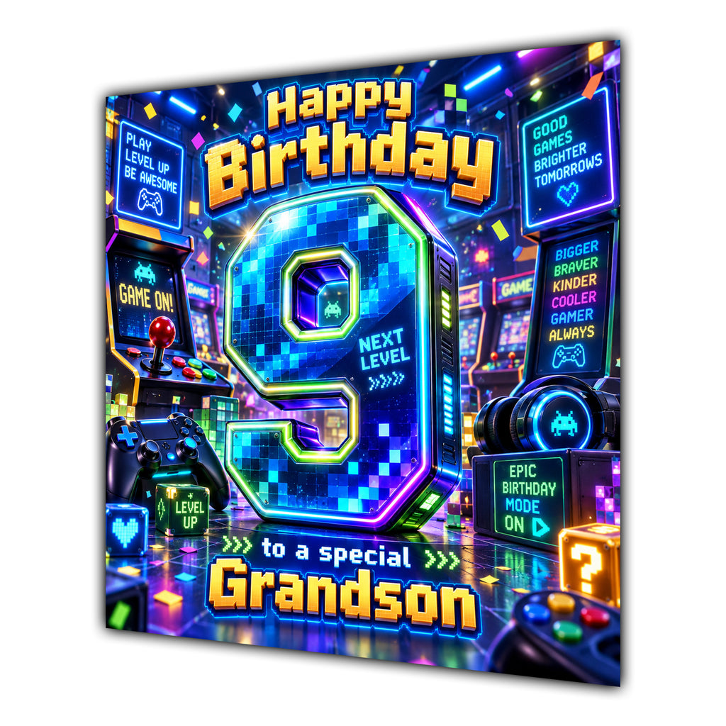 Grandson 9th Birthday Card Neon Gaming Controller Level Up