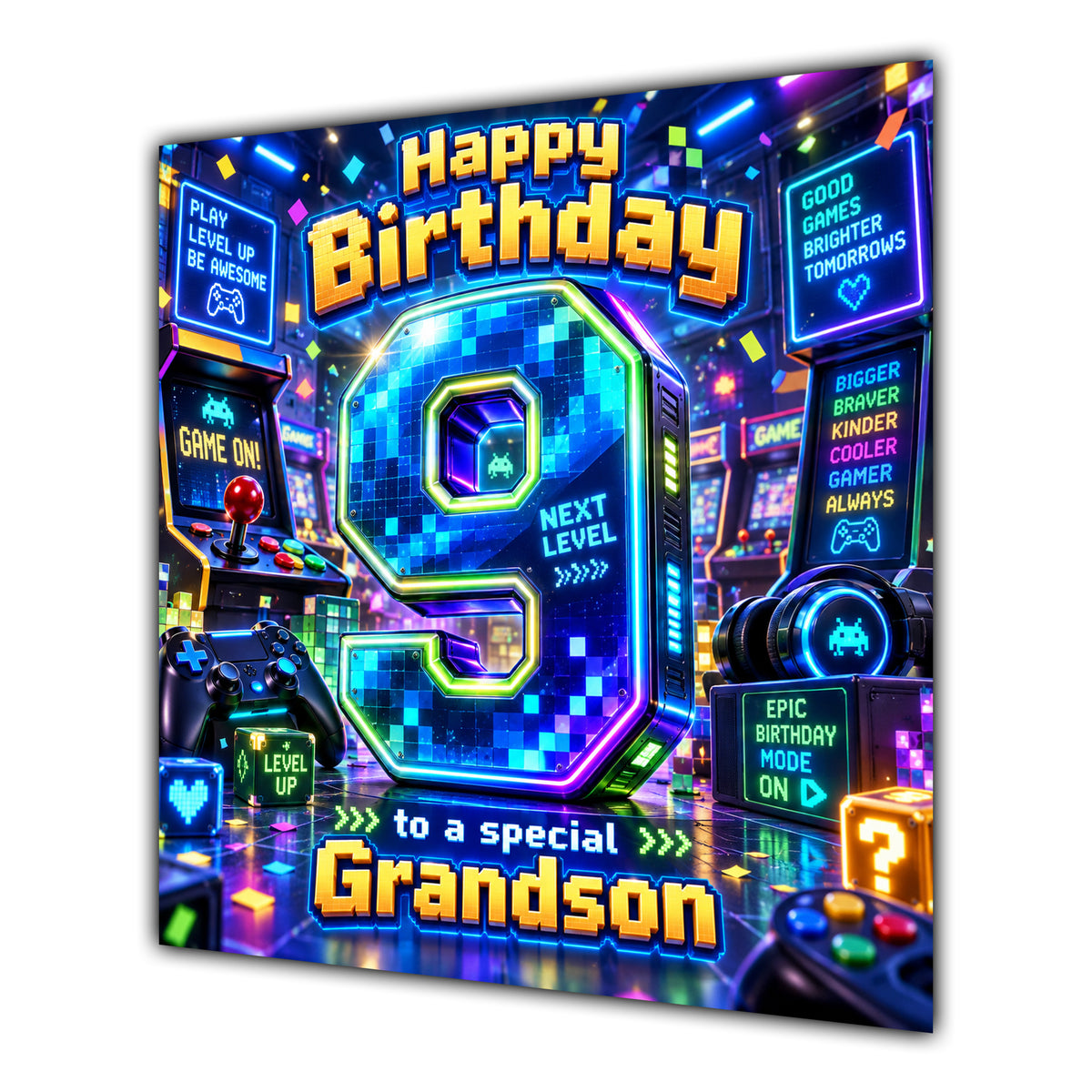Grandson 9th Birthday Card Neon Gaming Controller Level Up