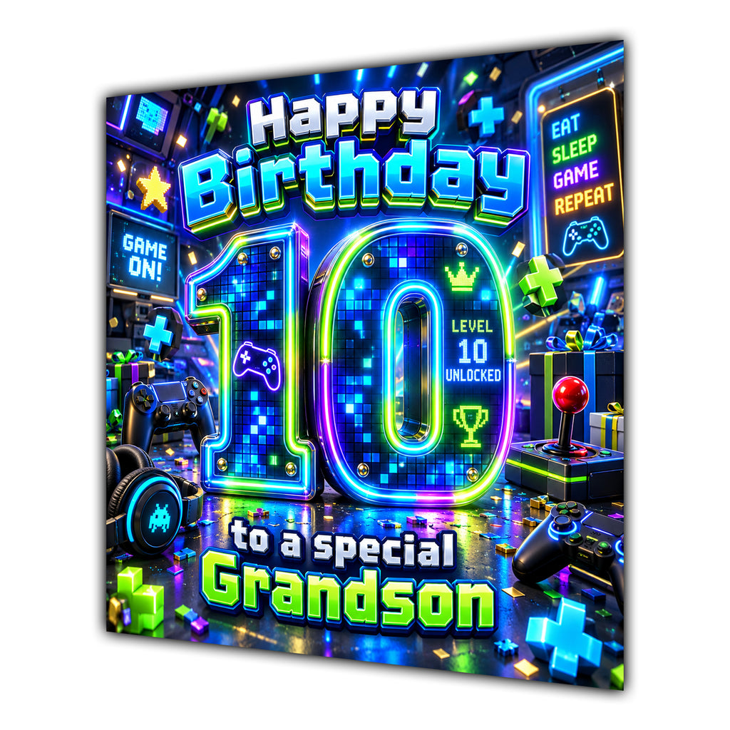 Grandson 10th Birthday Card Neon Gaming Controller Level Up