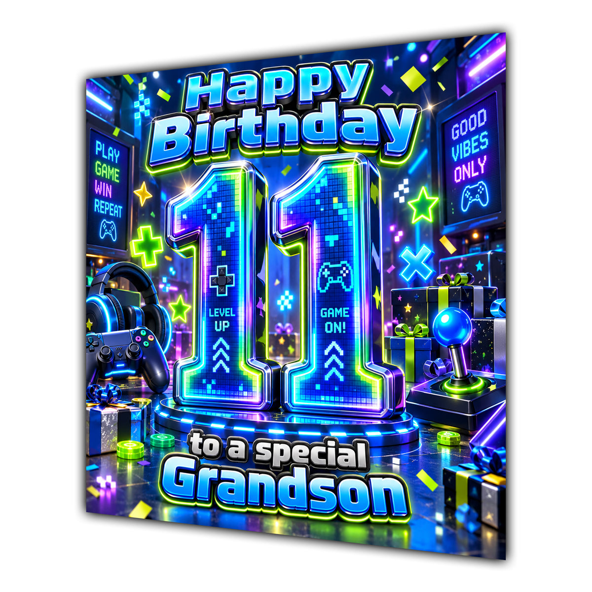 Grandson 11th Birthday Card Neon Gaming Controller Level Up