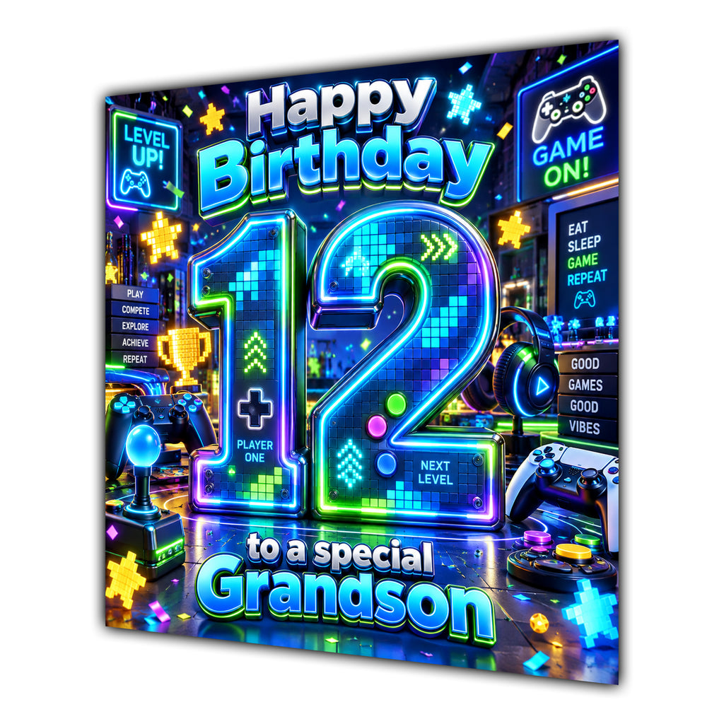 Grandson 12th Birthday Card Neon Gaming Controller Level Up