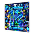 Grandson 12th Birthday Card Neon Gaming Controller Level Up