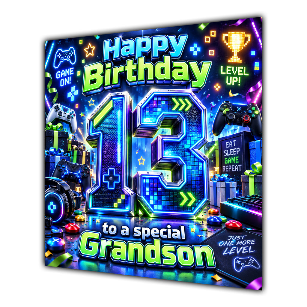 Grandson 13th Birthday Card Neon Gaming Controller Level Up
