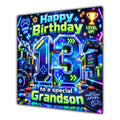 Grandson 13th Birthday Card Neon Gaming Controller Level Up