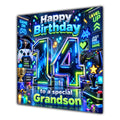 Grandson 14th Birthday Card Neon Gaming Controller Level Up