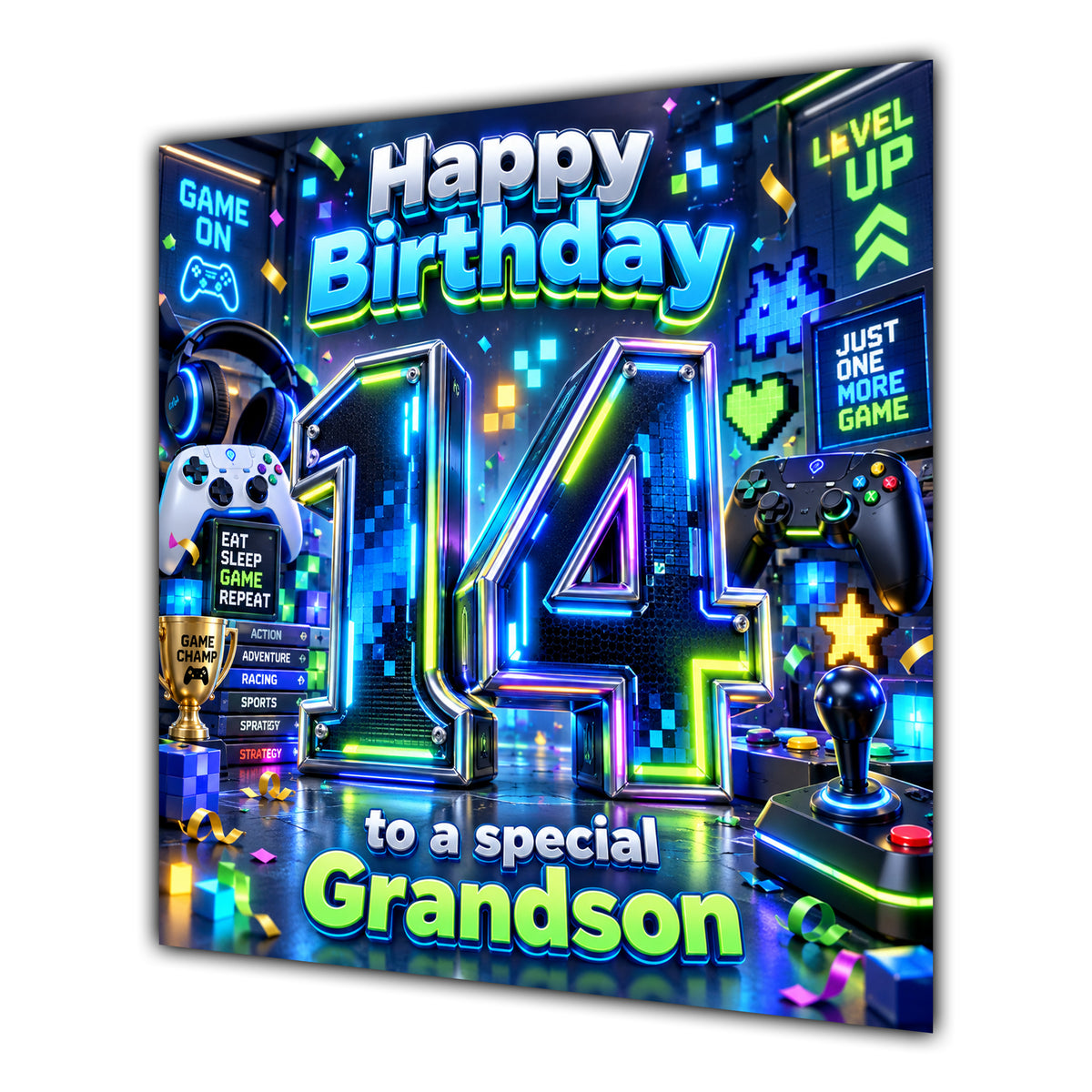 Grandson 14th Birthday Card Neon Gaming Controller Level Up