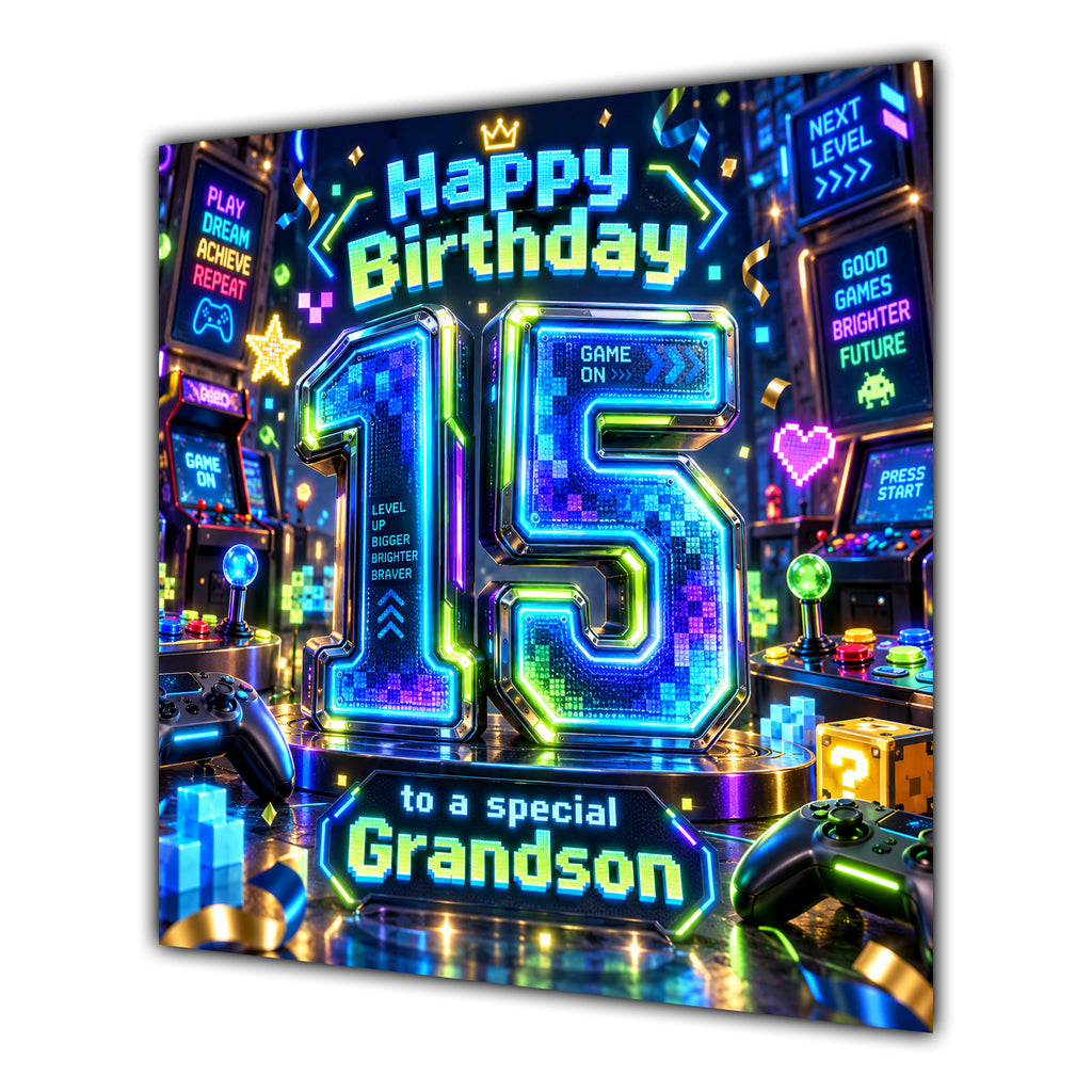 Grandson 15th Birthday Card Neon Gaming Controller Level Up