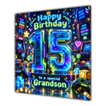 Grandson 15th Birthday Card Neon Gaming Controller Level Up