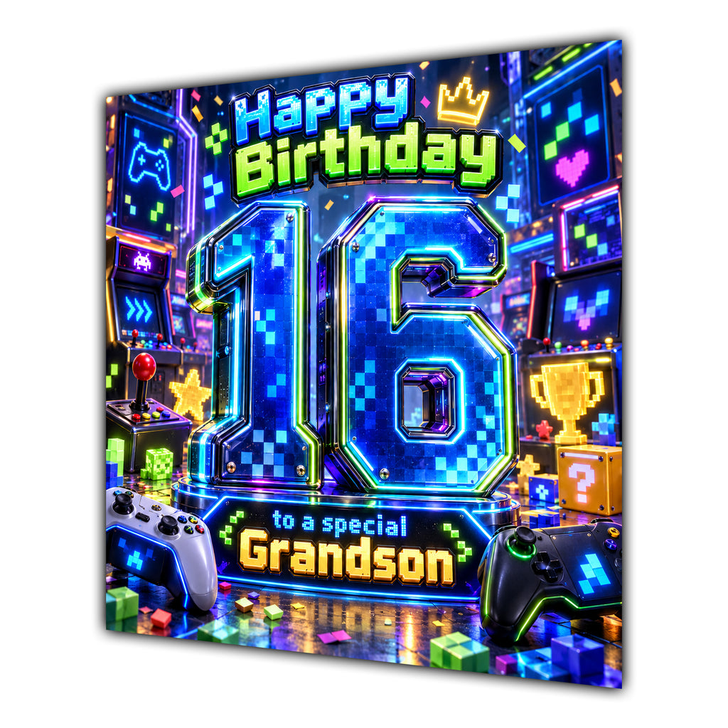 Grandson 16th Birthday Card Neon Gaming Controller Level Up