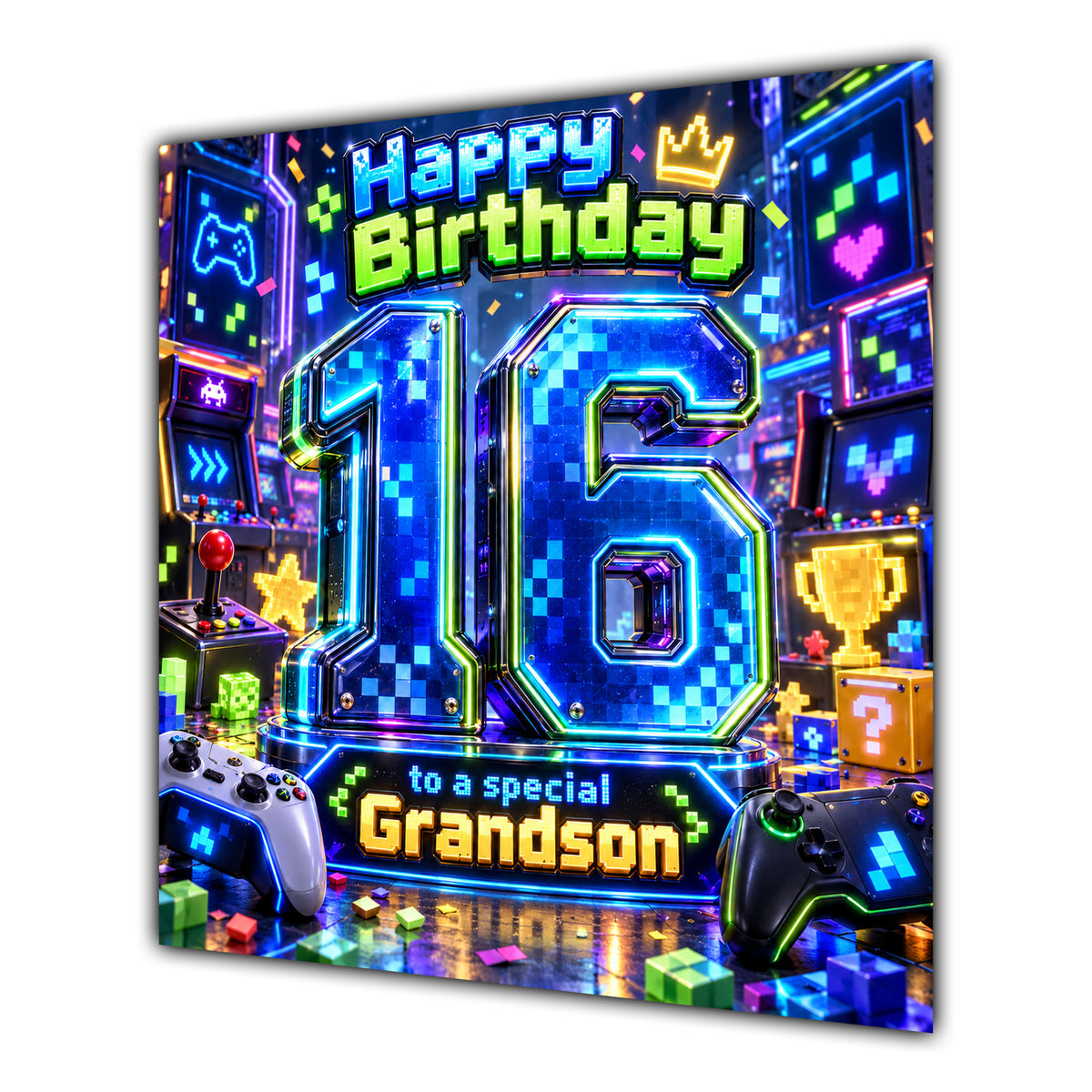 Grandson 16th Birthday Card Neon Gaming Controller Level Up