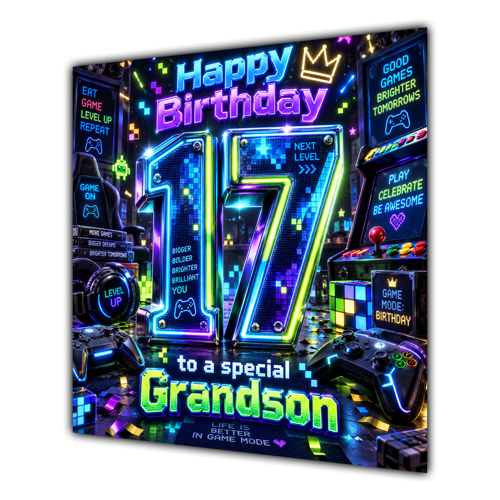 Grandson 17th Birthday Card Neon Gaming Controller Level Up
