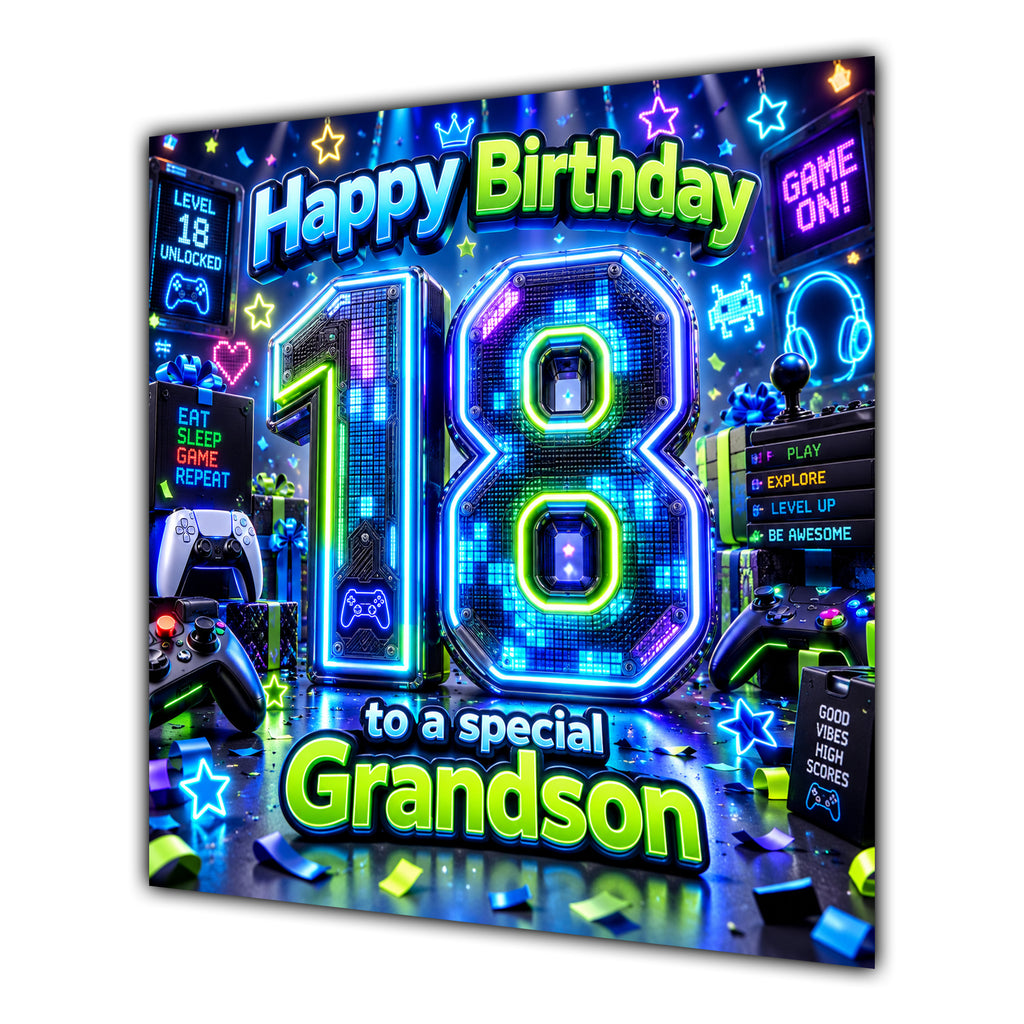 Grandson 18th Birthday Card Neon Gaming Controller Level Up