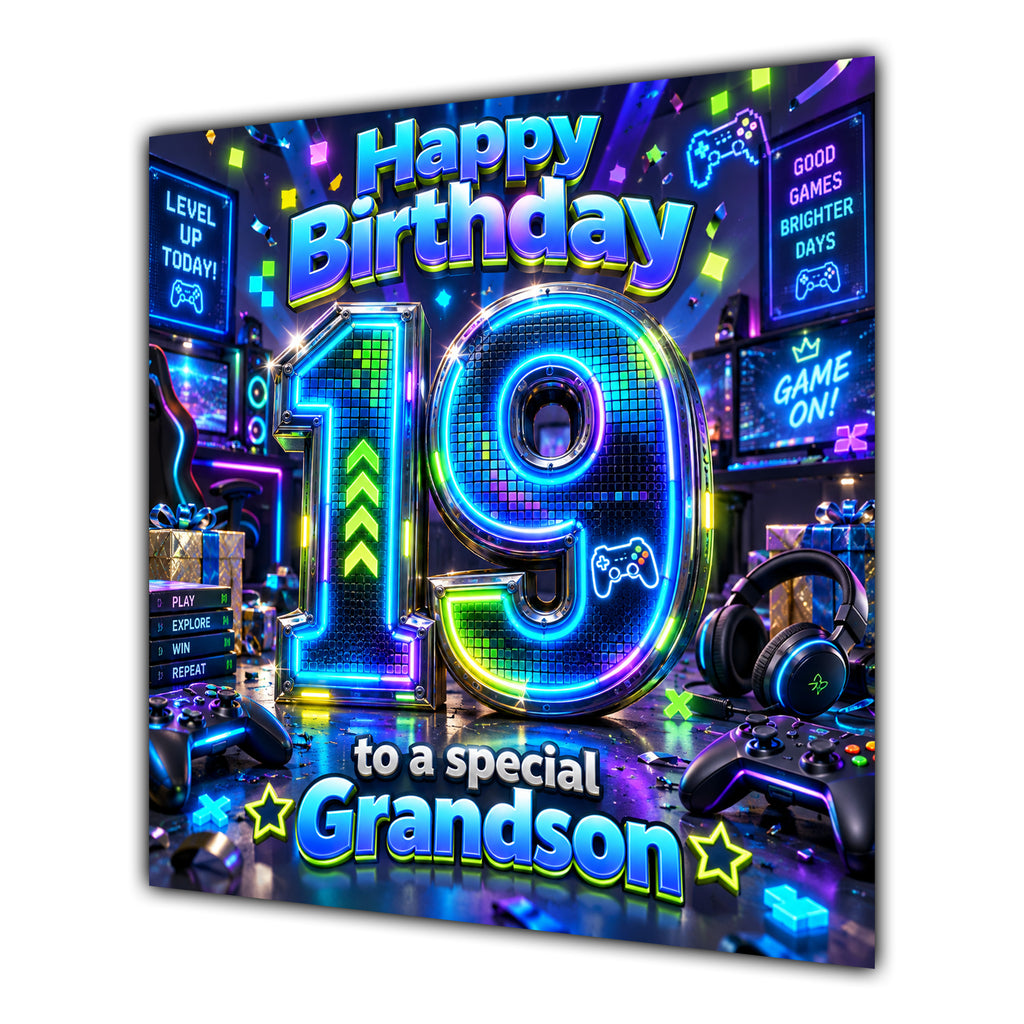 Grandson 19th Birthday Card Neon Gaming Controller Level Up
