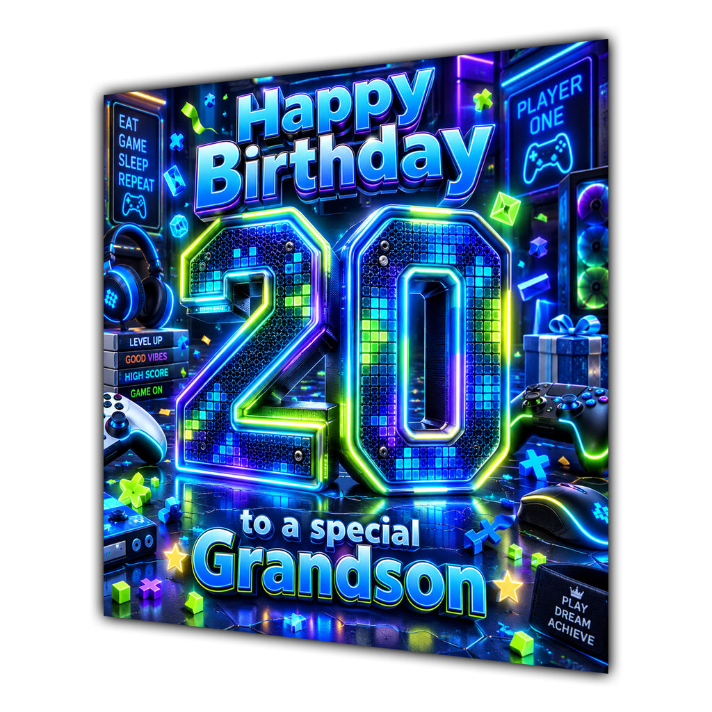 Grandson 20th Birthday Card Neon Gaming Controller Level Up