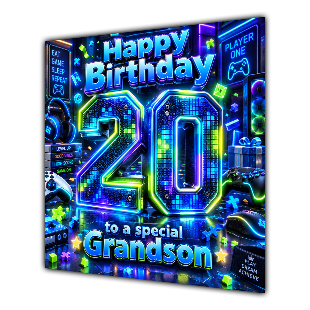 Grandson 20th Birthday Card Neon Gaming Controller Level Up