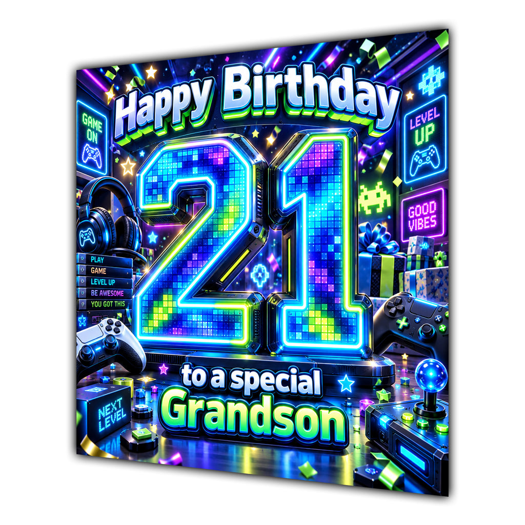 Grandson 21st Birthday Card Neon Gaming Controller Level Up