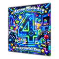 Son 4th Birthday Card Neon Gaming Controller Level Up