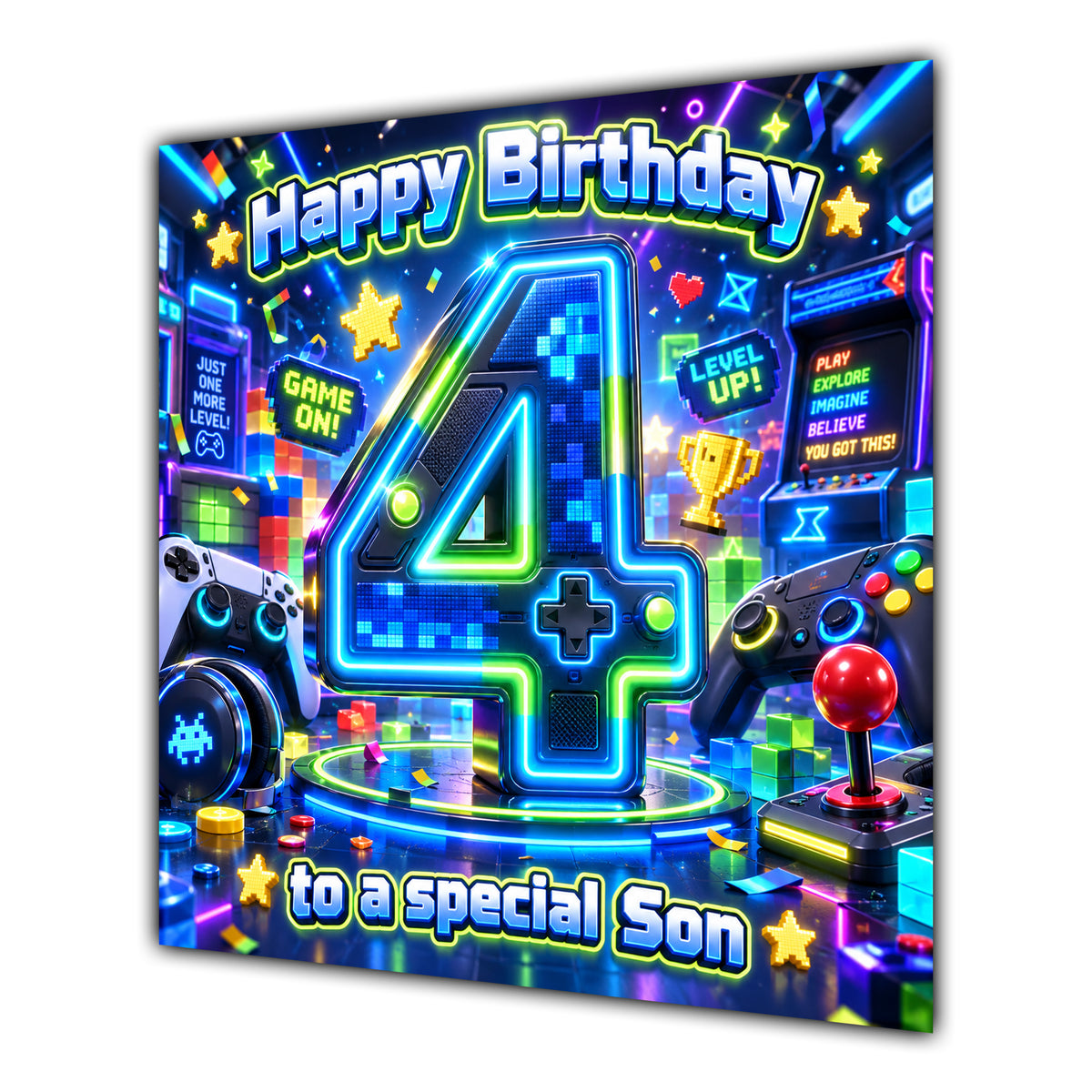 Son 4th Birthday Card Neon Gaming Controller Level Up