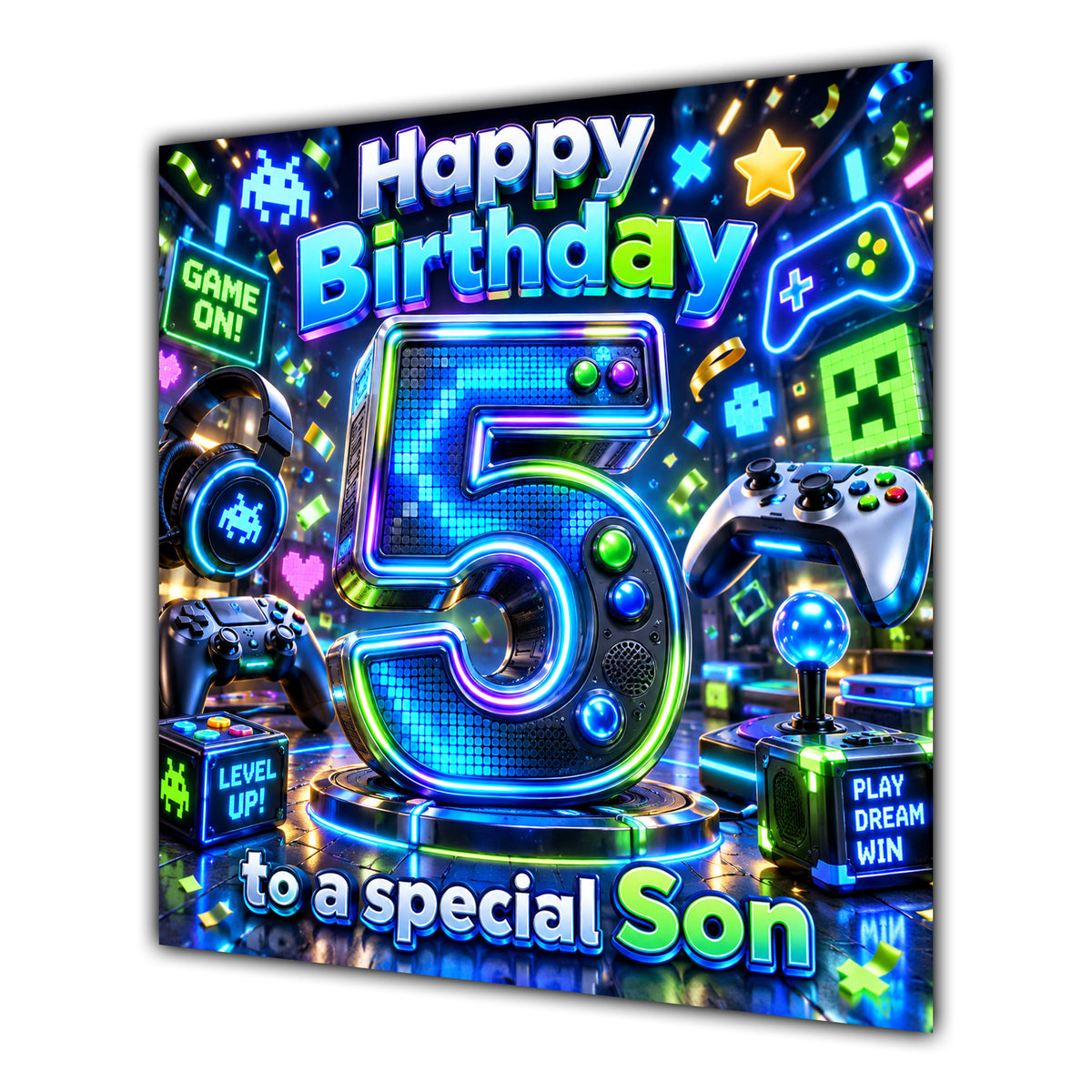 Son 5th Birthday Card Neon Gaming Controller Level Up
