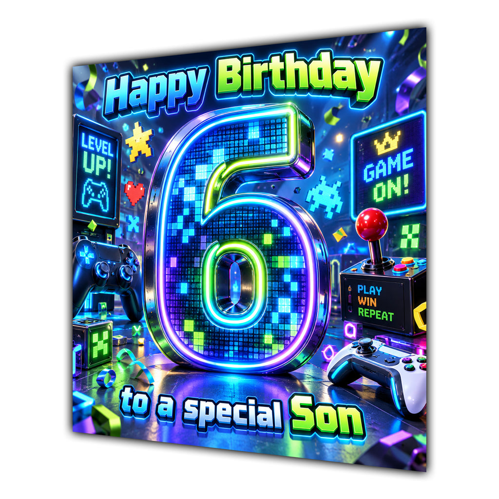 Son 6th Birthday Card Neon Gaming Controller Level Up